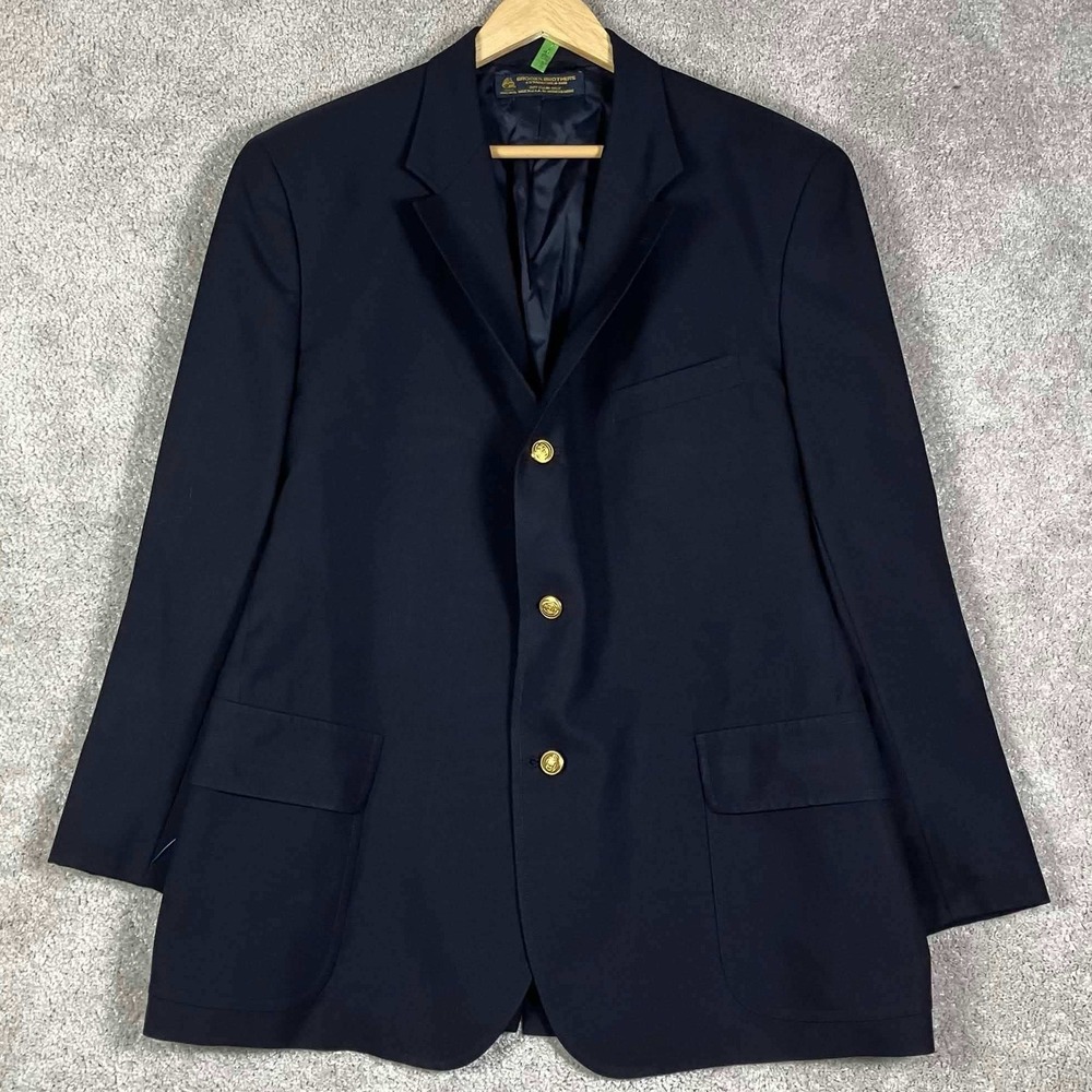 Vintage Brooks Brothers Blazer Mens 46 Navy Blue Wool Gold Crest Buttons Jacket